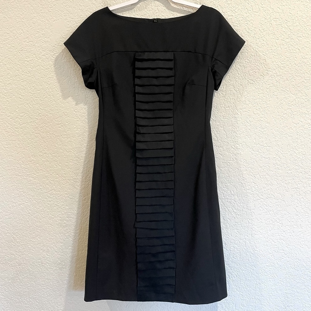 Trina Turk Wool Blend Ruffle Front Little Black Dress with Silk Lining
